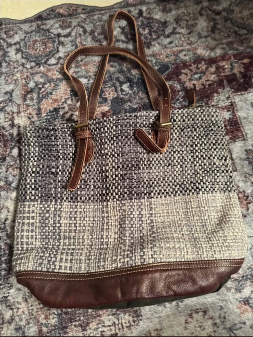 Myra Bag Gray Woven Tote with Brown Leather Trim